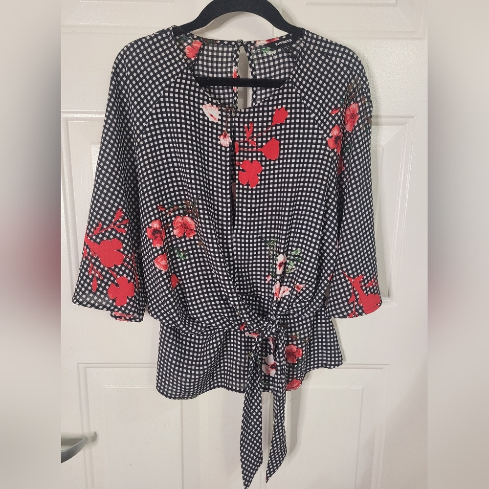 Express Checkered and Floral Tie At Waist Wide Sleeve Size Small